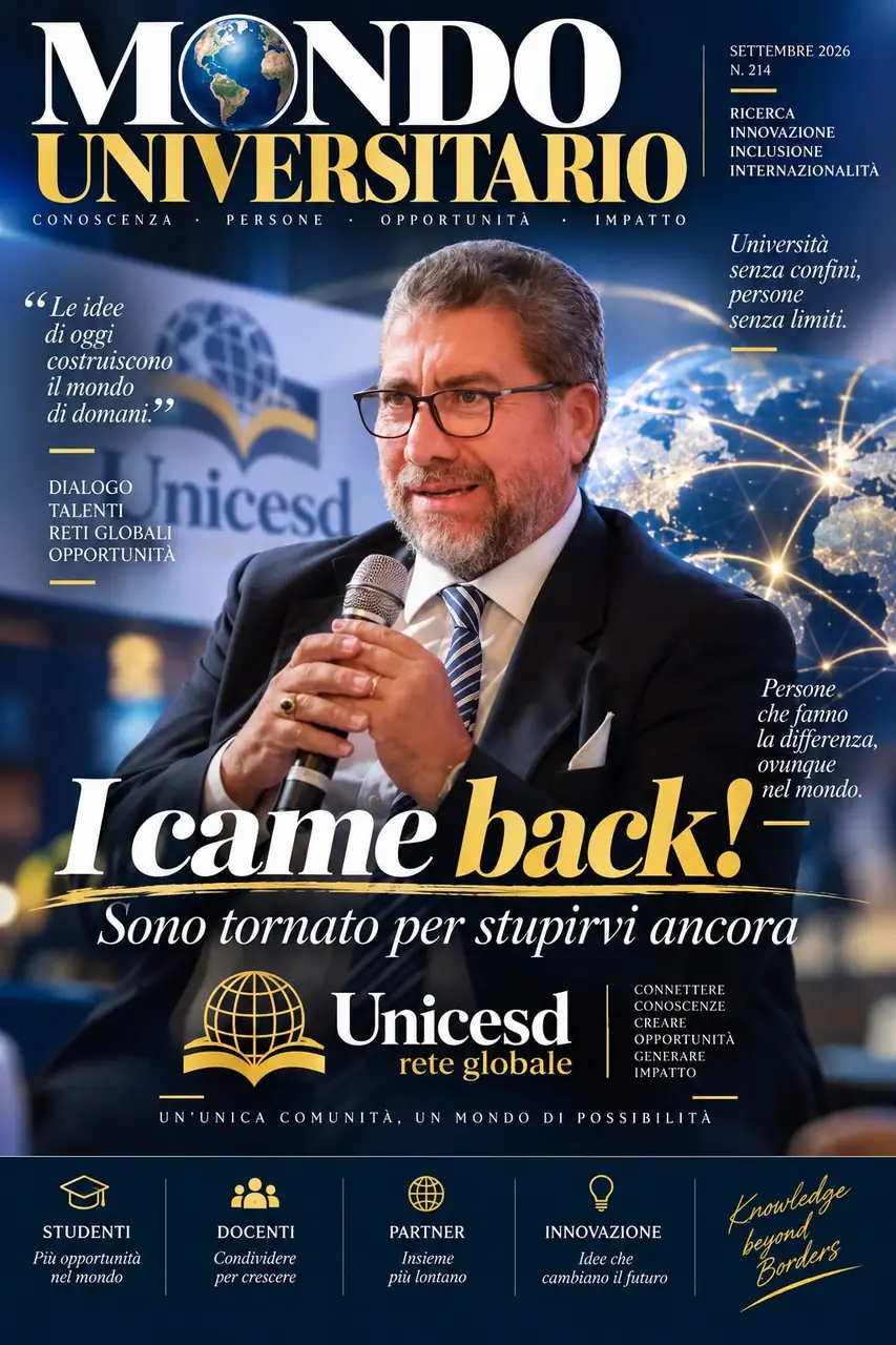 Copertina di Mondo Universitario di settembre 2026 con Calogero Di Carlo e il titolo I came back! Sono tornato per stupirvi ancora