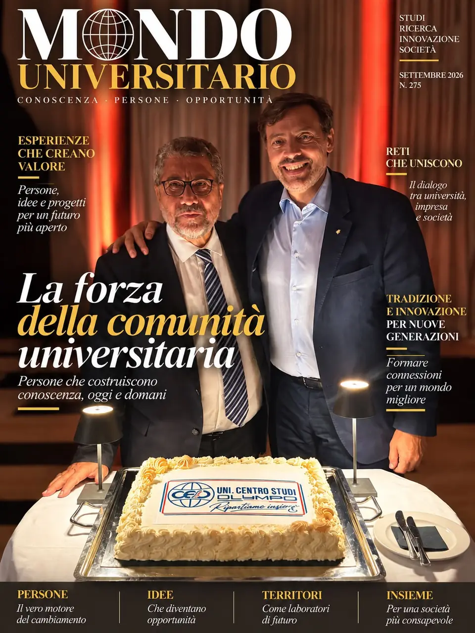 Copertina di Mondo Universitario dedicata alla forza della comunita universitaria, con il taglio della torta UNICESD Olympo